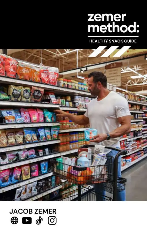 A man in a white shirt selects snacks from a grocery store shelf, with a shopping cart containing various items in front of him—perhaps choosing options recommended by his personal trainer.