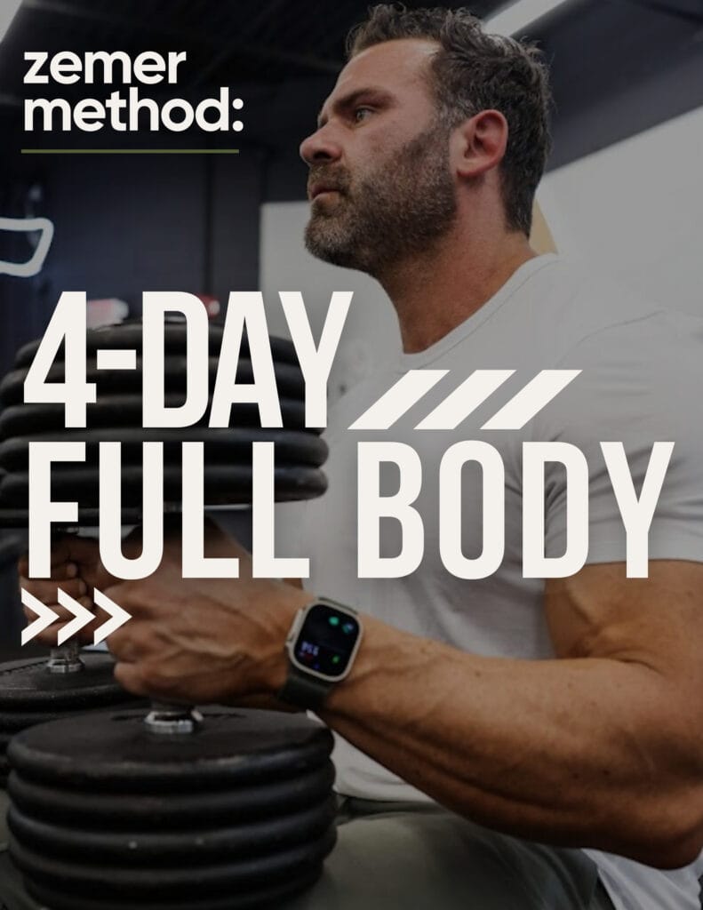 A muscular man, possibly a personal trainer, in a gym holds dumbbells. Text overlay reads: "zemer method: 4-DAY FULL BODY." He wears a smartwatch and a white T-shirt. Perfect for anyone serious about fitness.
