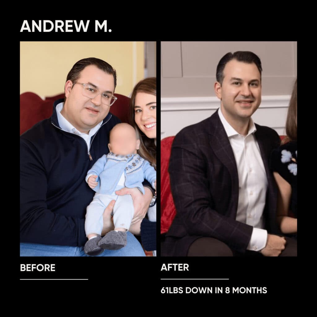 Side-by-side before and after photos of a man. Left: He is heavier, holding a baby. Right: He appears slimmer, sitting and smiling. Text notes 61 lbs lost in 8 months with the help of online fitness coach training and nutrition guidance.
