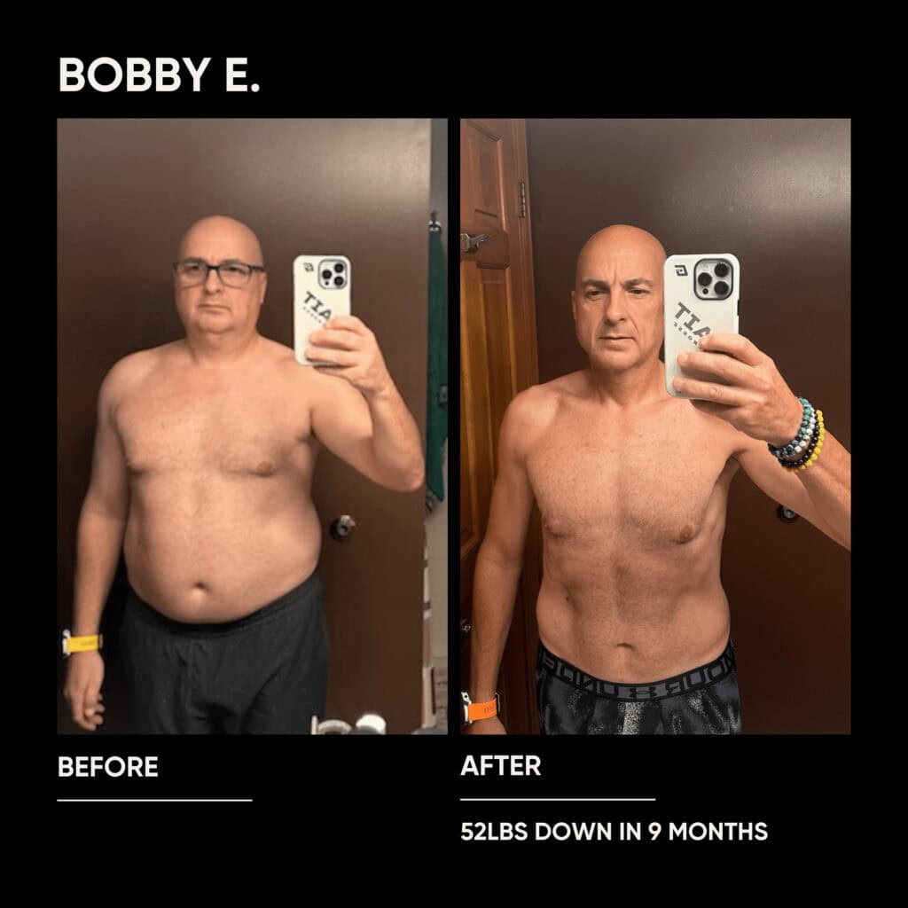 Side-by-side photos of a man taking mirror selfies; left shows him before weight loss, right shows him slimmer after losing 52 pounds in 9 months with the help of a personal trainer and improved nutrition.