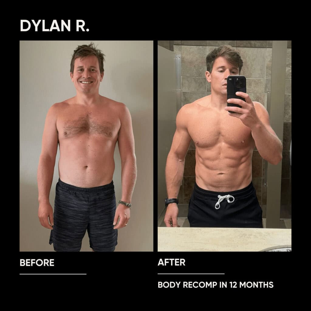 Side-by-side photos show a man before and after 12 months of dedicated fitness training, with increased muscle definition and decreased body fat in the after image.