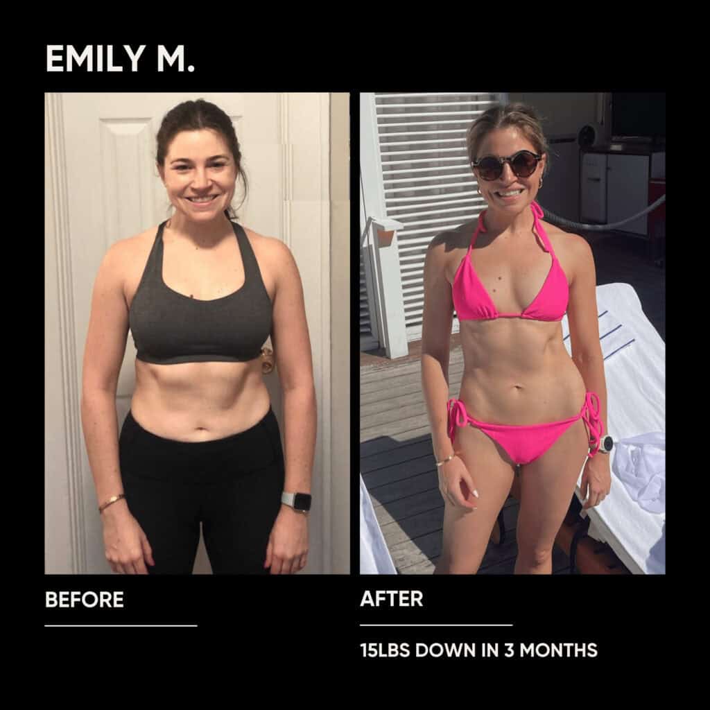 Side-by-side photos of a woman labeled "Before" and "After," showing weight loss of 15 pounds in 3 months with the help of a personal trainer; before in workout clothes, after in a pink bikini.