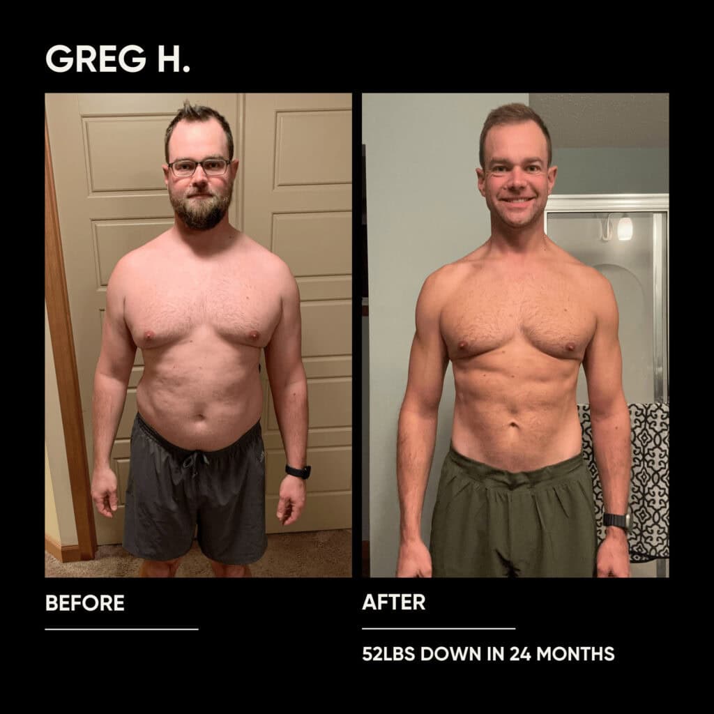 Side-by-side photos of a man before and after weight loss, guided by an online fitness coach, showing a muscular physique and a loss of 52 pounds over 24 months.