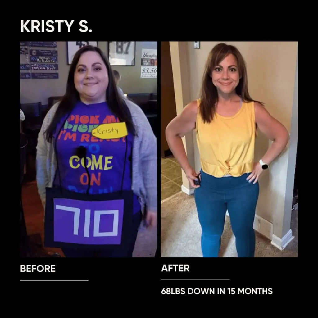 Side-by-side photos of Kristy S. highlight her 68lbs weight loss in 15 months, thanks to a balanced nutrition plan and consistent workouts. "Before" is on the left, and "after" is on the right.