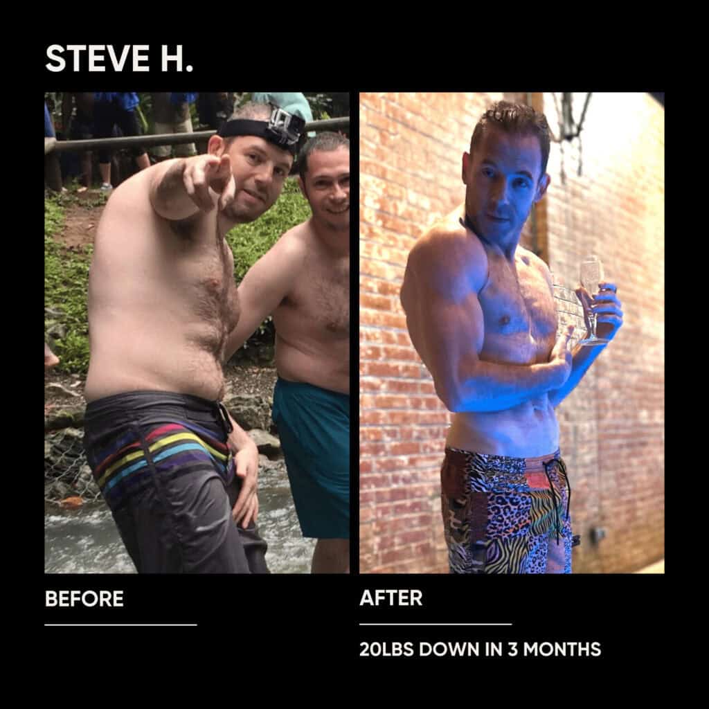 Side-by-side photos of a man before and after weight loss; left shows him heavier outdoors, right shows him leaner and flexing indoors. Text states he lost 20 lbs in 3 months with guidance from an online fitness coach.