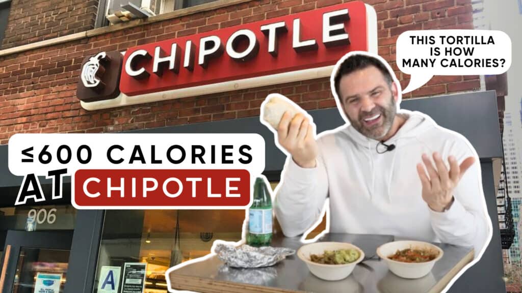 A man sits outside a Chipotle restaurant with two food bowls, a wrapped burrito, and a drink; text notes "≤600 calories at Chipotle," perfect for anyone mindful of nutrition. A speech bubble asks about tortilla calories.