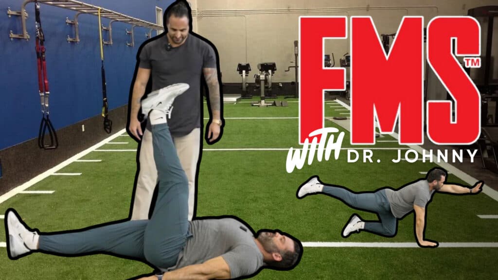Two men demonstrate workout screening exercises on artificial turf in a gym, with large red "FMS with Dr. Johnny" text overlayed.