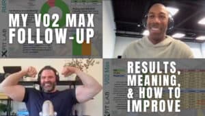 Split-screen video call: two men talking and smiling, one flexing his arms. Overlay text reads “MY VO2 MAX FOLLOW-UP” and “RESULTS, MEANING, & HOW TO IMPROVE.” Charts in the background highlight training tips and workout progress.
