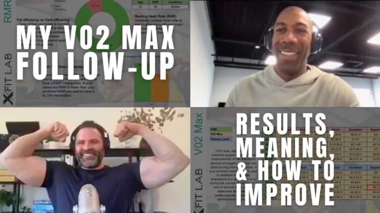 Split-screen video call: two men talking and smiling, one flexing his arms. Overlay text reads “MY VO2 MAX FOLLOW-UP” and “RESULTS, MEANING, & HOW TO IMPROVE.” Charts in the background highlight training tips and workout progress.
