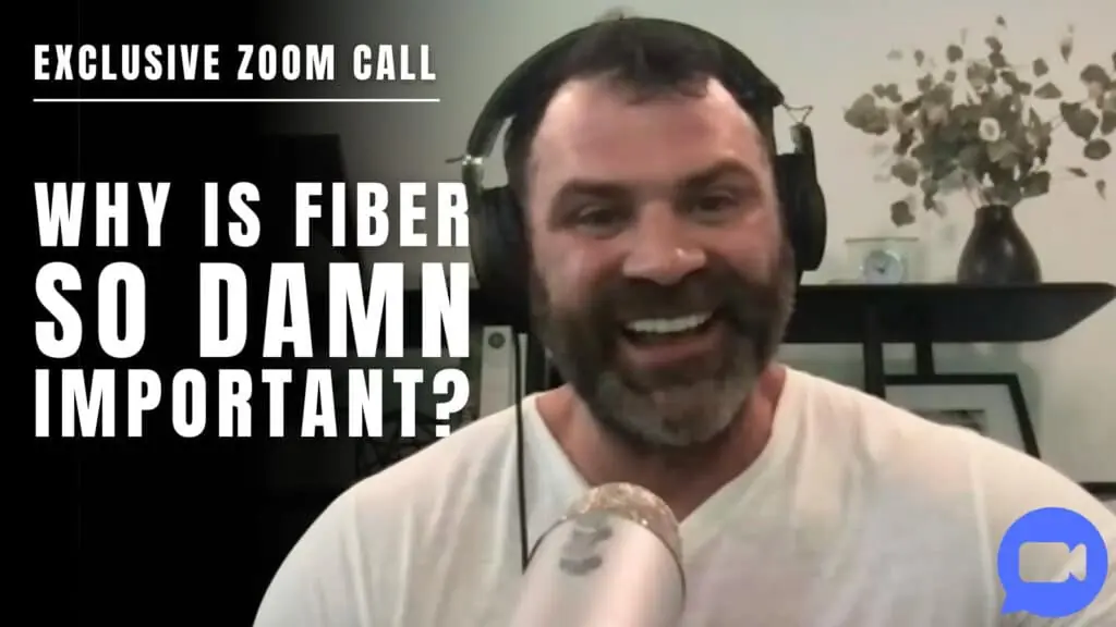 A man wearing headphones and holding a microphone smiles during a Zoom call, with text beside him reading, "Why is fiber so damn important?"—perfect for personal trainers discussing nutrition with clients.