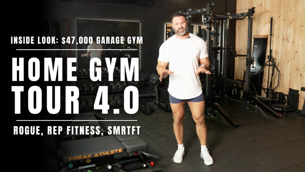 Man stands in a well-equipped home gym, surrounded by various workout machines and weights, next to large text promoting a $47,000 garage gym tour.