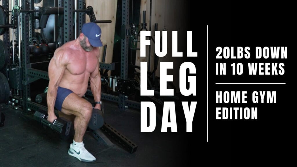 A muscular man in gym attire performs a dumbbell lunge in a home gym. Text reads: "Full Leg Day; 20 lbs down in 10 weeks; Home Gym Edition." Perfect for your next fitness workout!.
