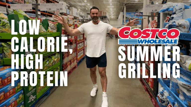 A man in a white shirt and shorts walks down a Costco aisle lined with various products. The text reads: "Low Calorie, High Protein Costco Wholesale Summer Grilling for your fitness and nutrition goals.
